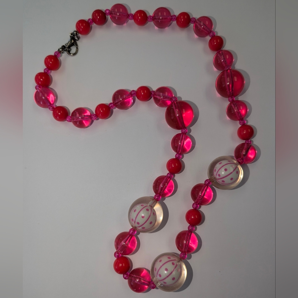 Vibrant Pink Necklace with Polished Beads and Clear Accents